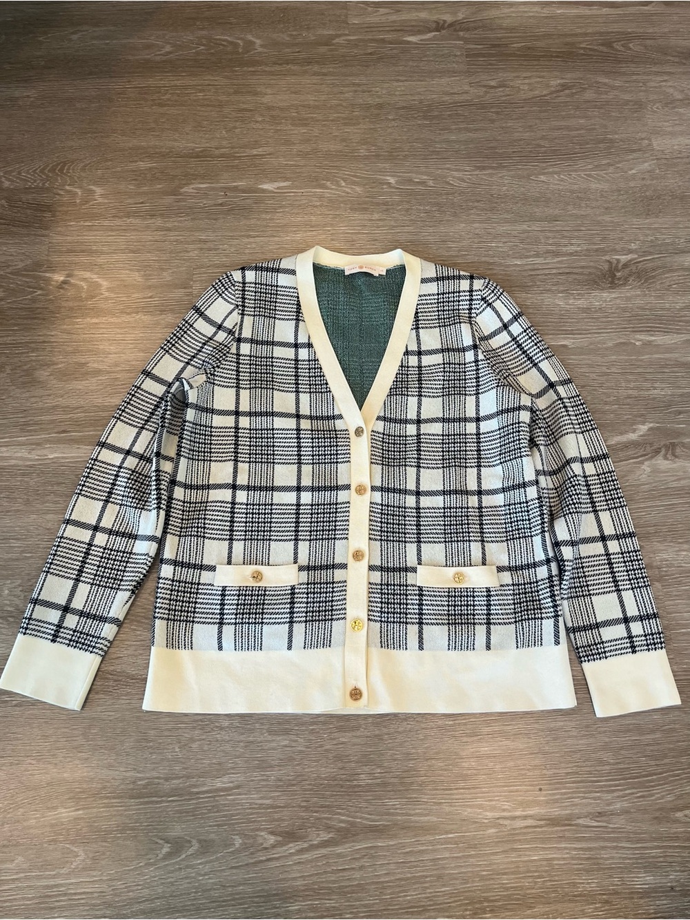 Tory Burch Cream and Black Plaid V-Neck Cardigan